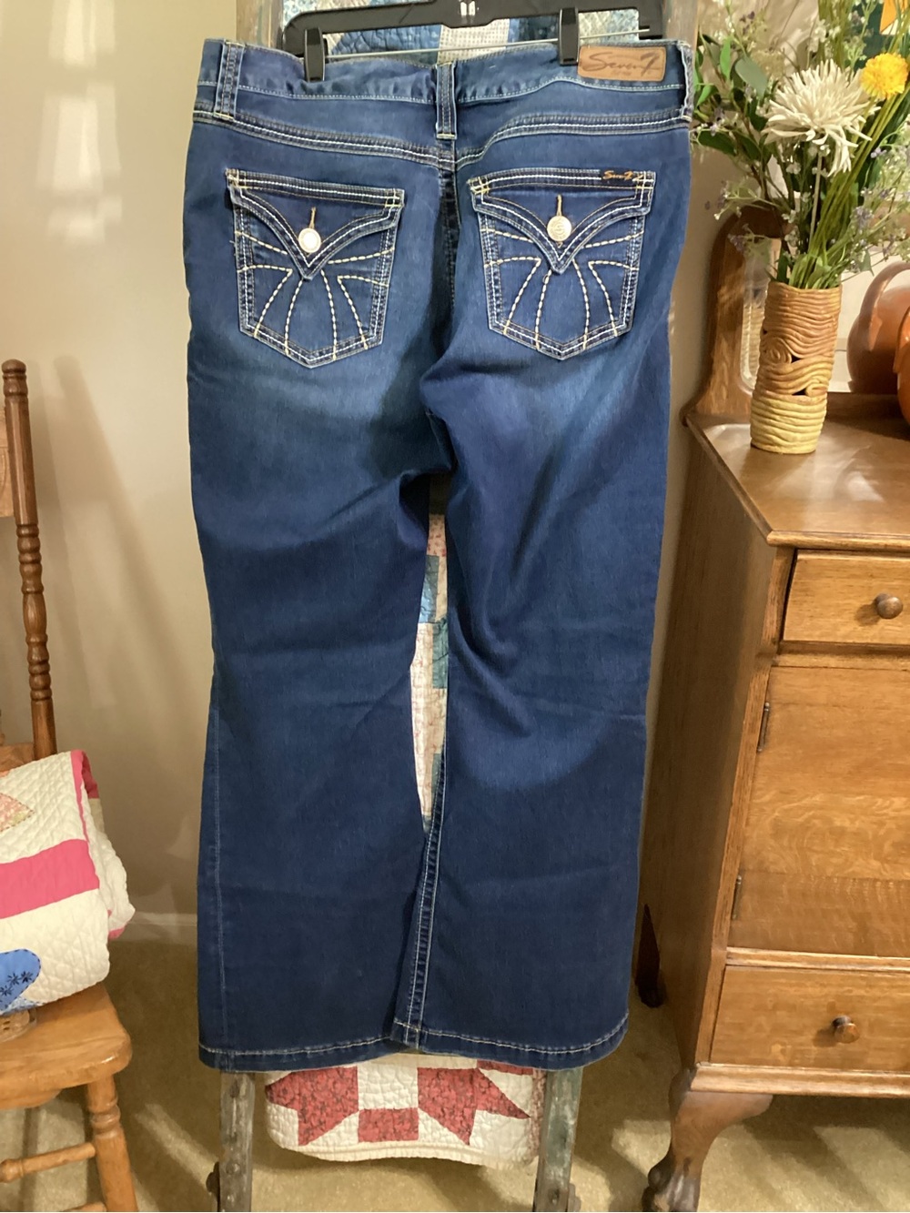 Seven7 Women's Dark Blue Flare Leg Jeans with Embroidered Pockets - Picture 3 of 13
